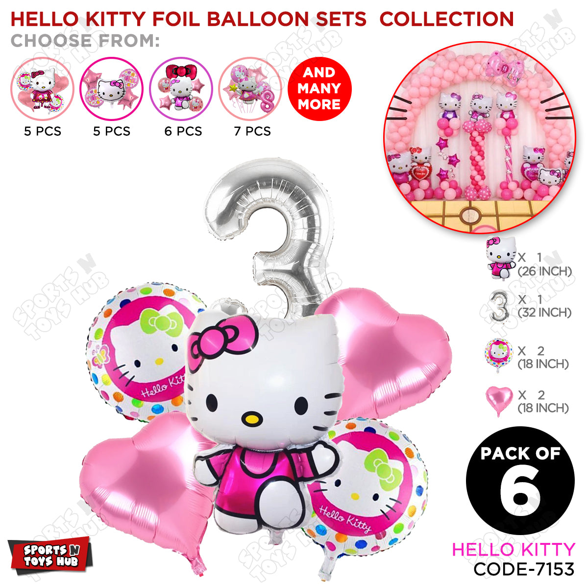 Hell0 Kitty Foil Balloon Set With Number Collection - Pack Of 6