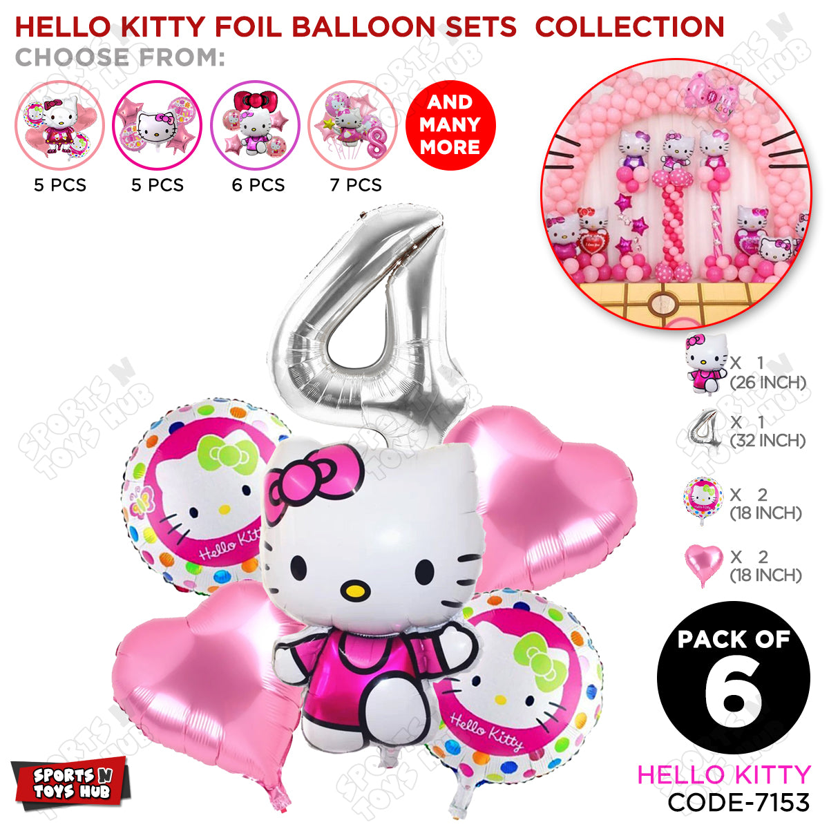 Hell0 Kitty Foil Balloon Set With Number Collection - Pack Of 6