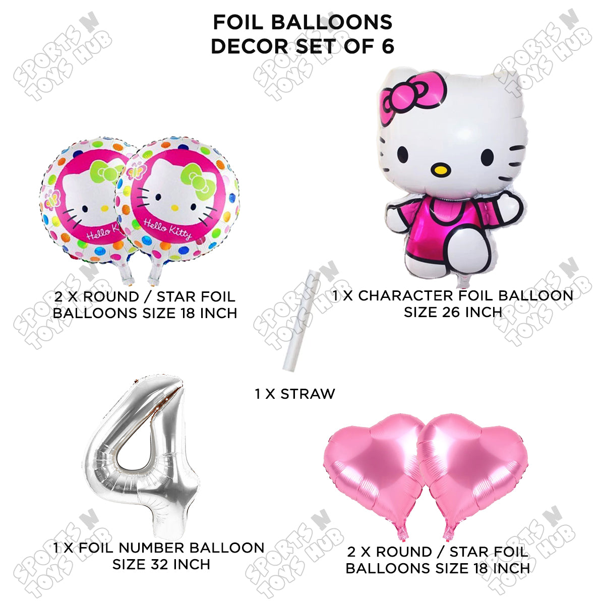 Hell0 Kitty Foil Balloon Set With Number Collection - Pack Of 6