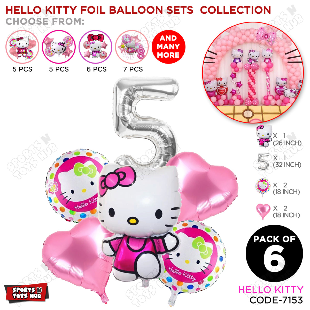 Hell0 Kitty Foil Balloon Set With Number Collection - Pack Of 6