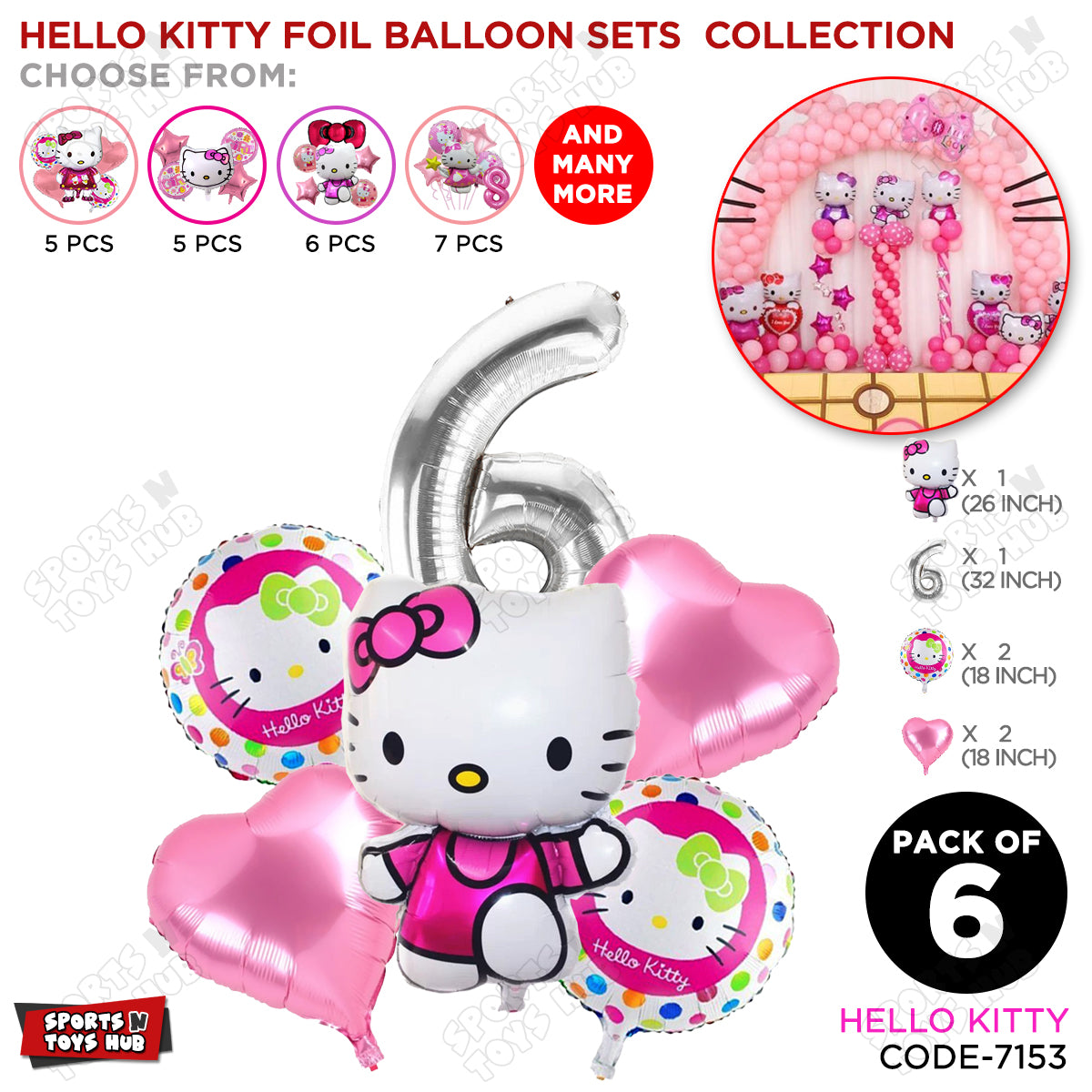 Hell0 Kitty Foil Balloon Set With Number Collection - Pack Of 6