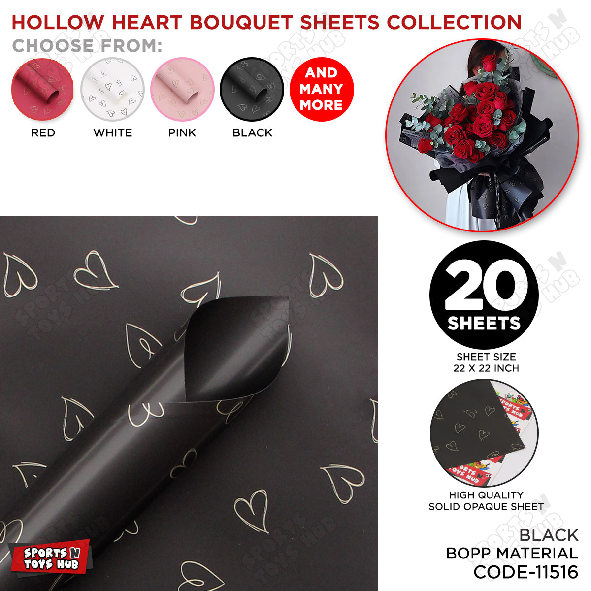Golden Sketch Holow Hearts Flower Bouquet Sheets - 20 Sheets