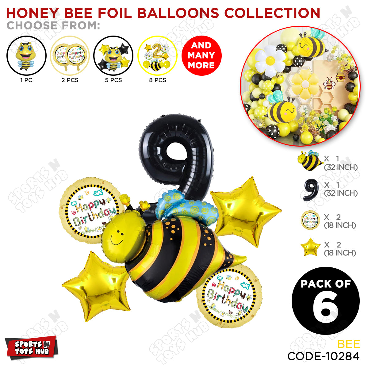 Honey Bee Foil Balloon Set With Number Collection - Pack Of 6