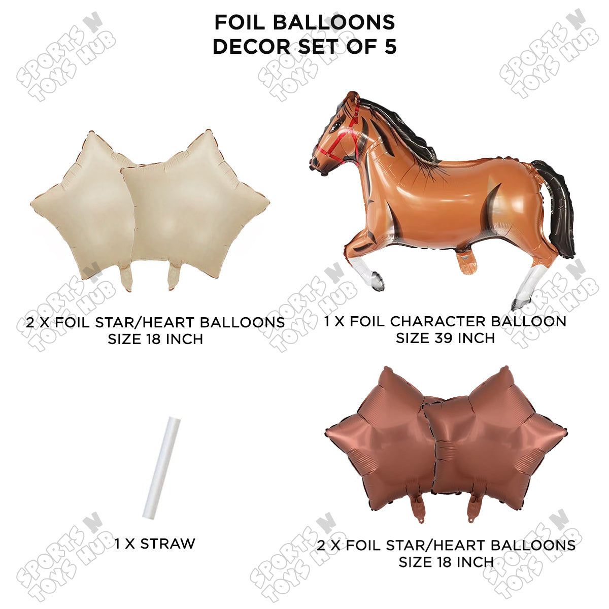 Giant Horse Brown Color Pack Of 5 Foil Balloon Set