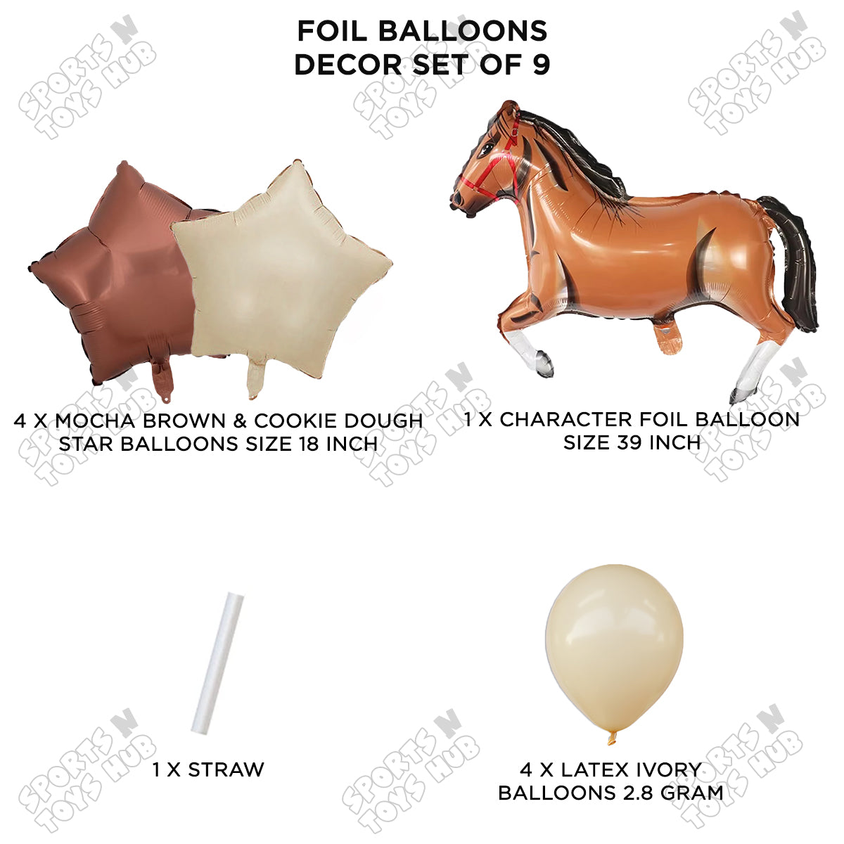 Giant Horse Brown Color Pack Of 9 Foil Balloon Set