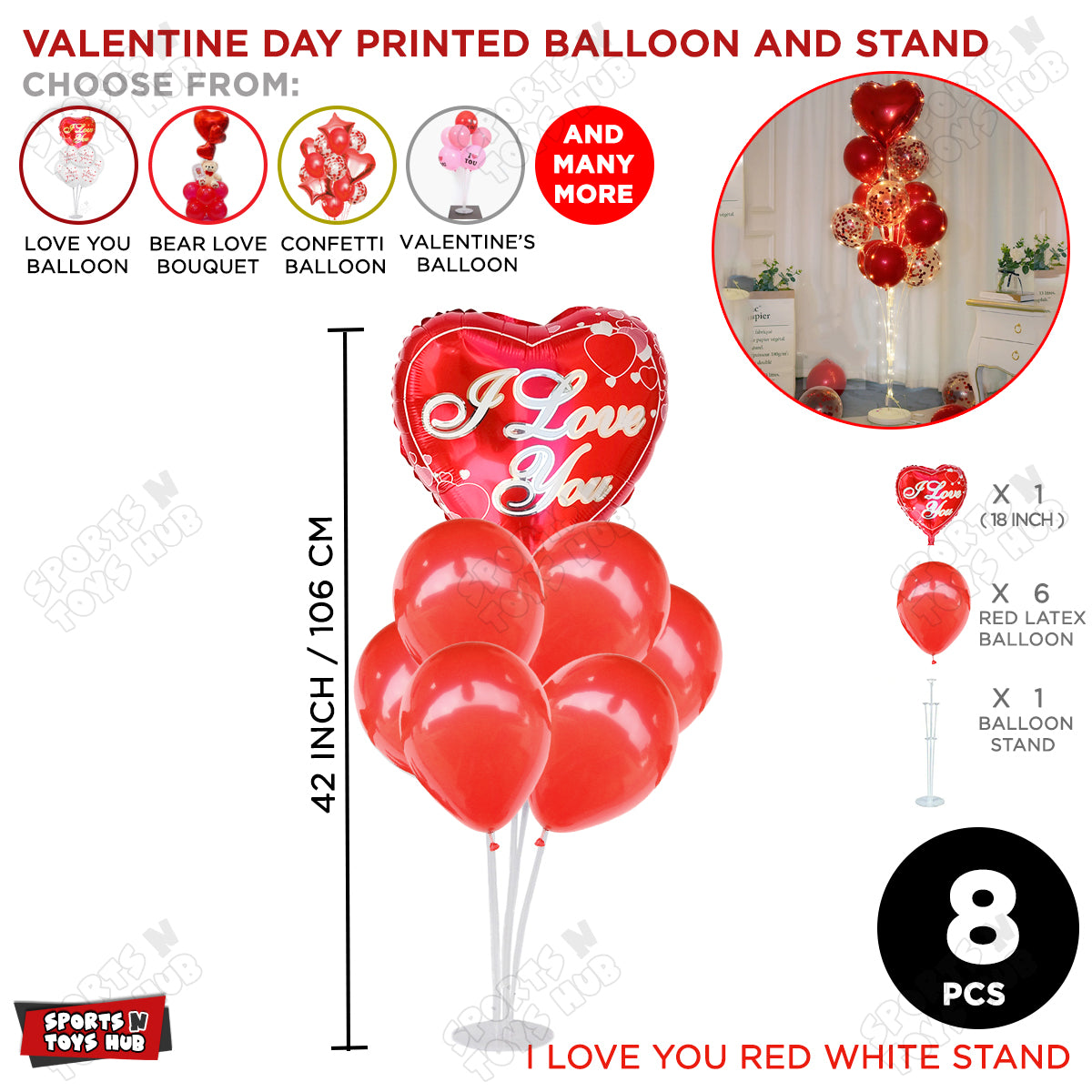 7 Stick Balloon Stand With I Love You Printed Heart Foil Balloon & Latex Balloon