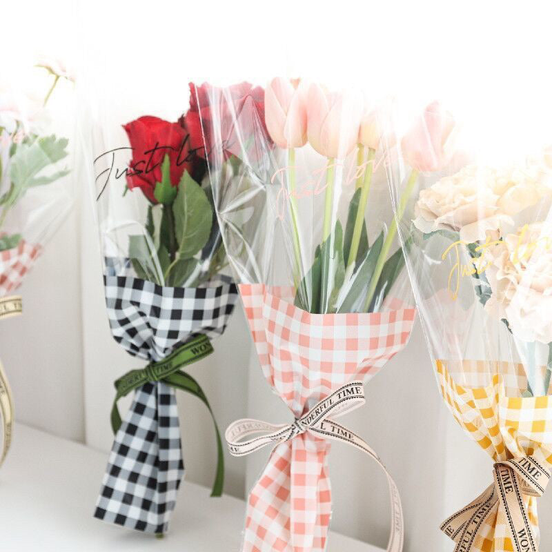 Checkered Plaids Printed BOPP Floral Sleeve Bags for Flower Bunch Packing - Pack of 5