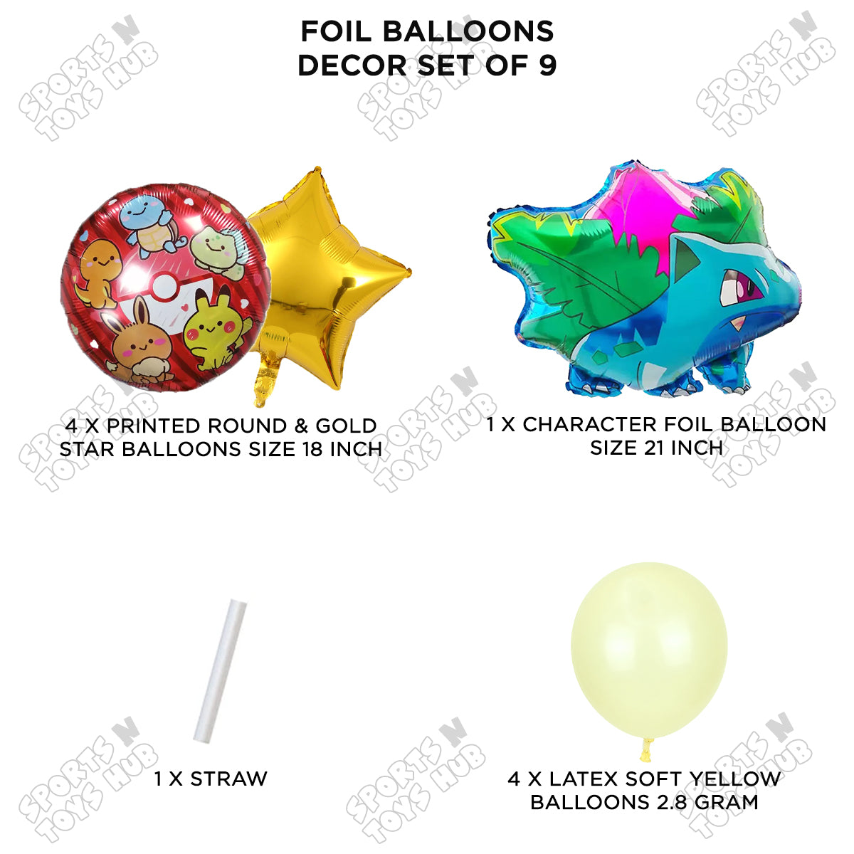 Pokemon Ivysaur Foil Balloon Set – Pack of 9, Cartoon Character Balloons for Kids Birthday Party