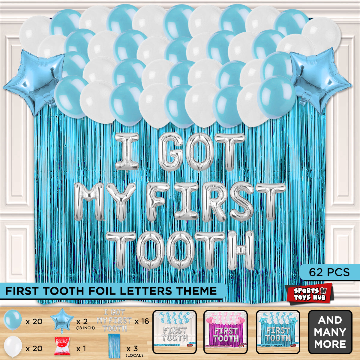 First Tooth Foil Letters Theme With Curtain - Blue