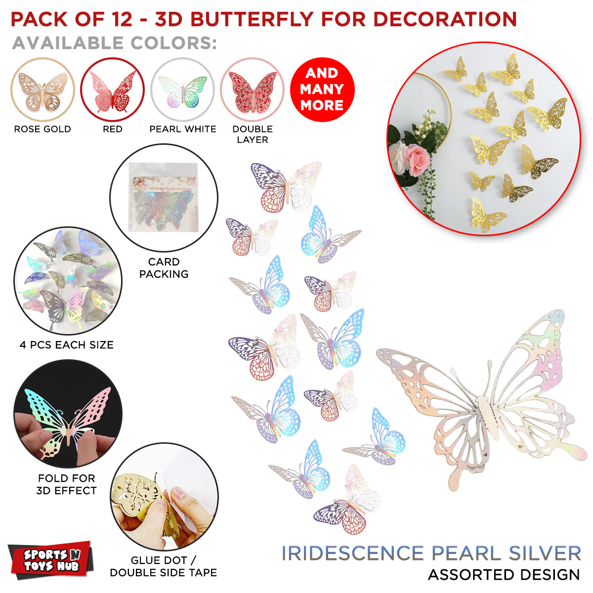3D Metallic Butterfly Wall & Balloon Decoration Set – Shiny Butterflies For Party, Birthday, Wedding, Home, Event & Backdrop Decor Supplies