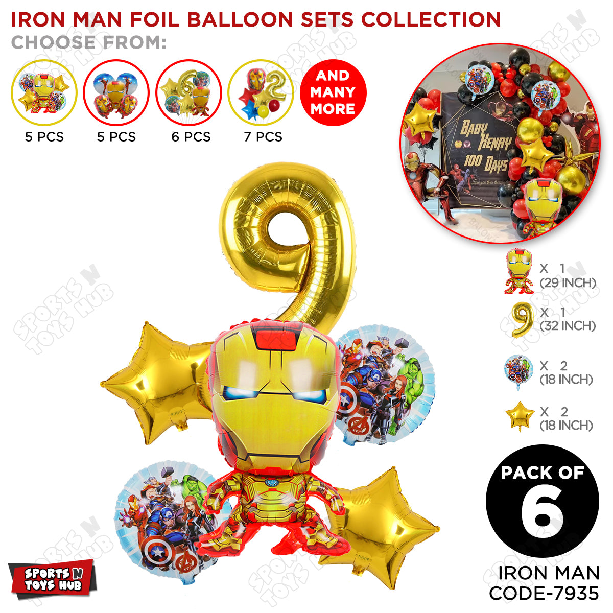 Iron-M@n Foil Balloon Set With Number Collection - Pack Of 6