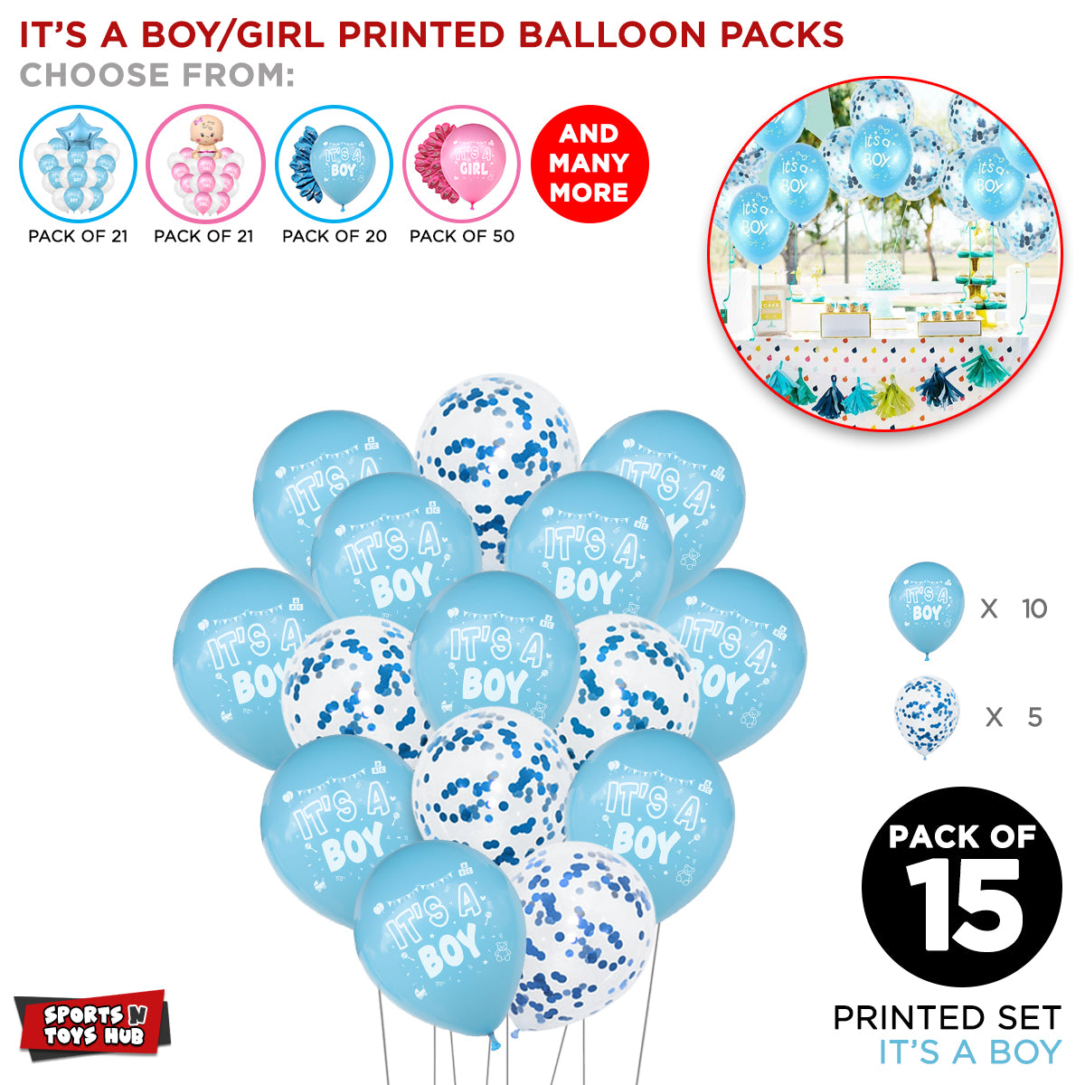 Its a Boy Printed & Confetti Balloons Bouquet - 15 Pcs