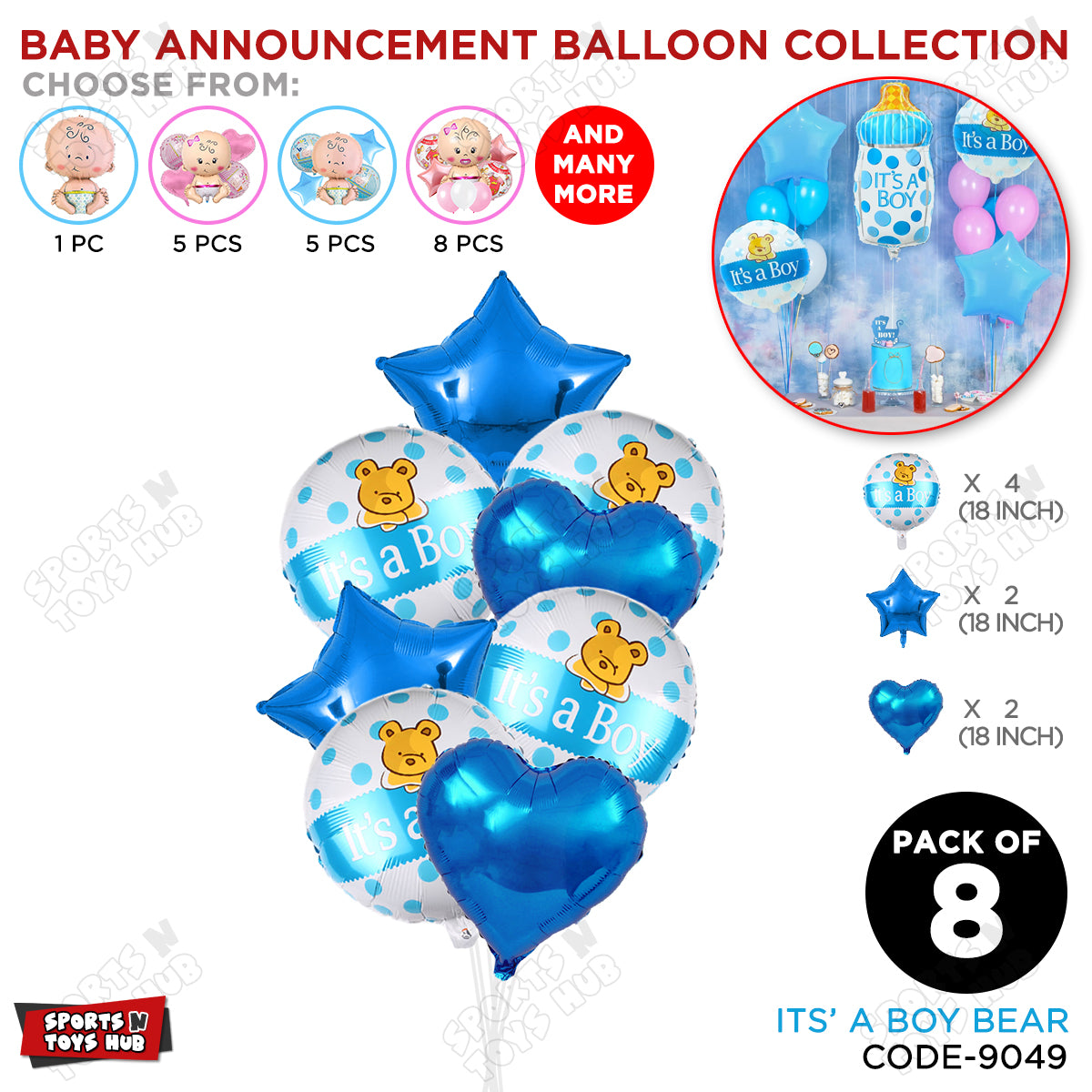 Baby Announcement Its A Boy Bear Round Foil Balloon - Pack Of 8