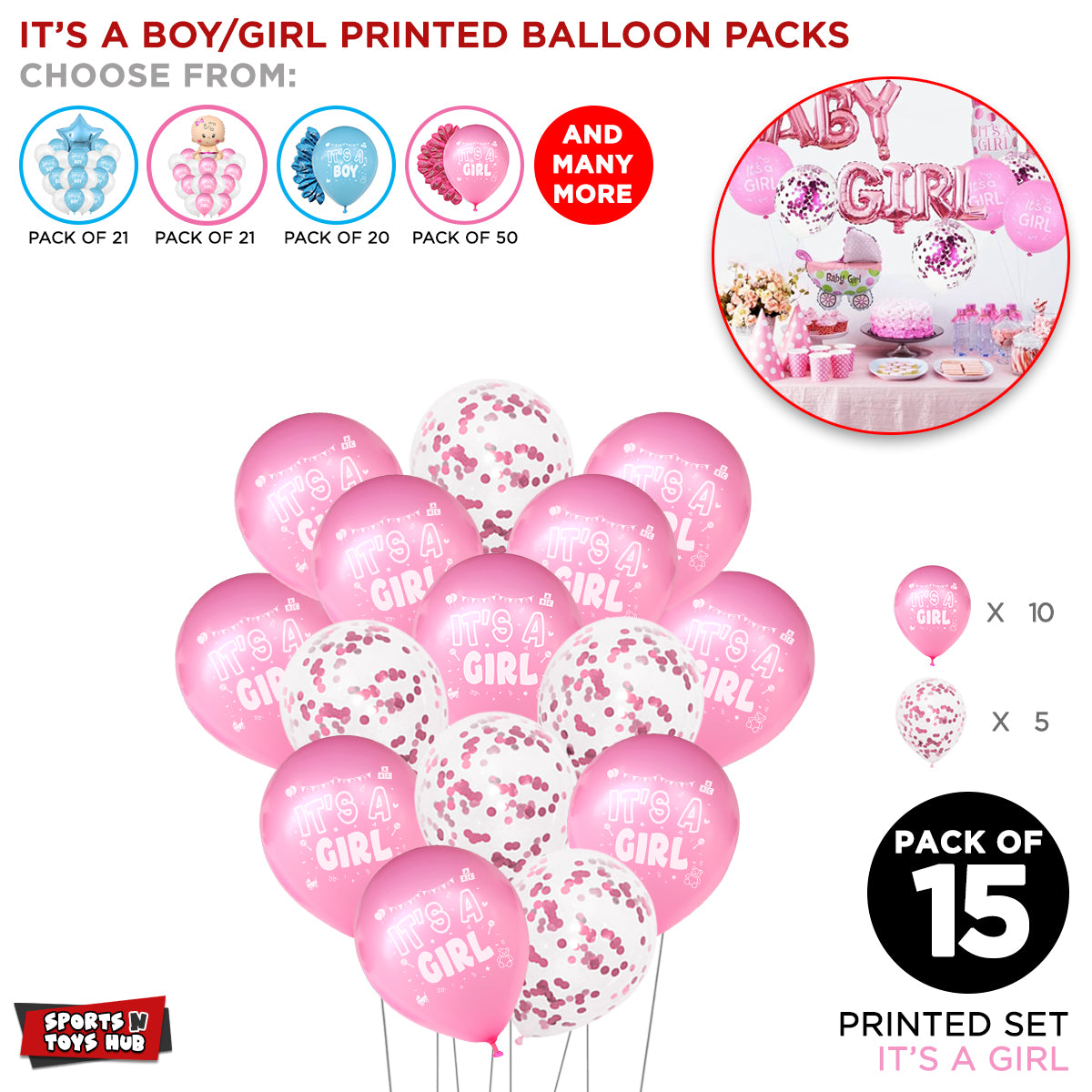 Its a Girl Printed & Confetti Balloons Bouquet - 15 Pcs