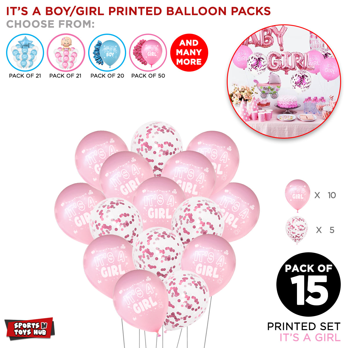 Its a Girl Printed & Confetti Balloons Bouquet - 15 Pcs