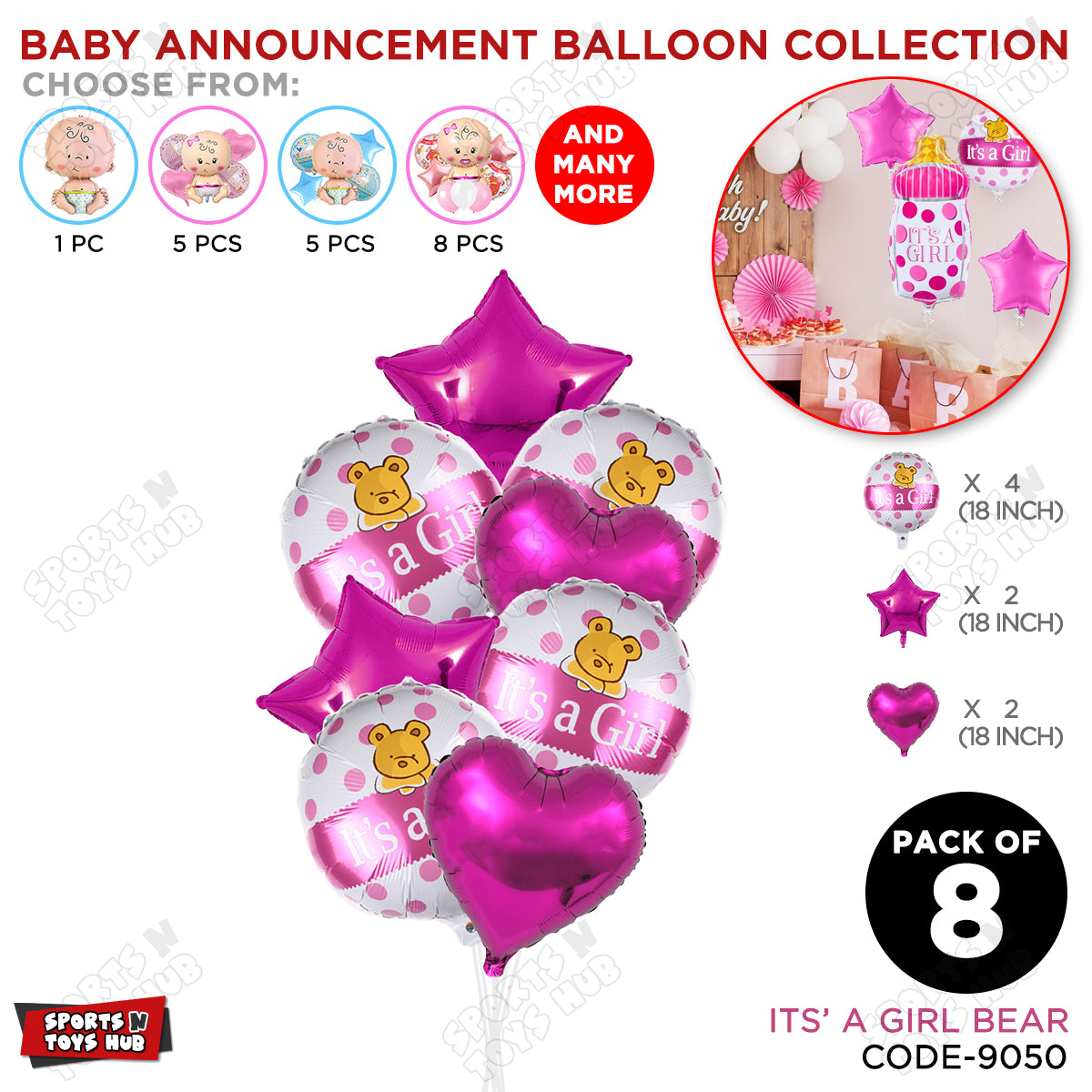 Baby Announcement Its A Girl Bear Round Foil Balloon - Pack Of 8