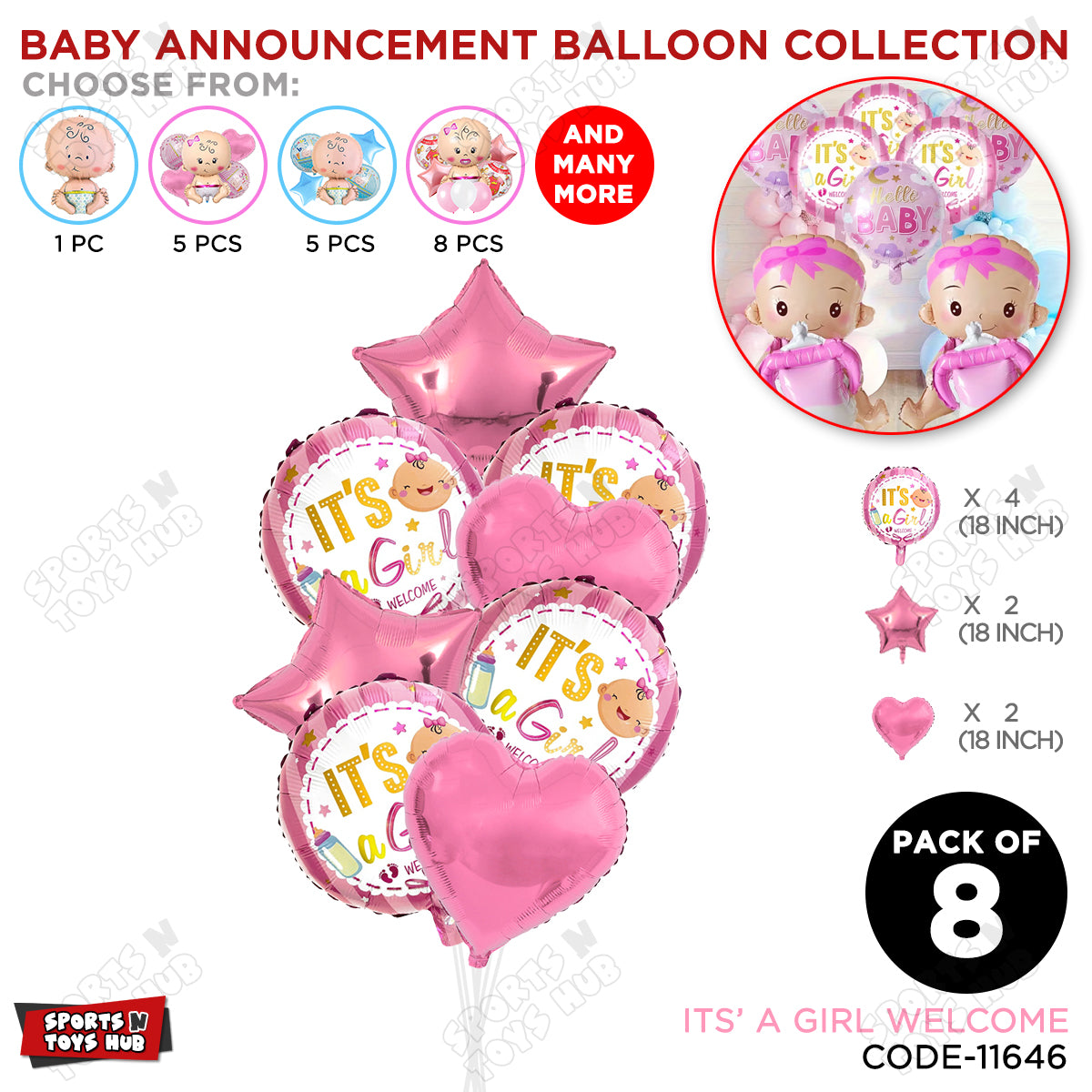 Baby Announcement Its A Girl Welcome Round Foil Balloon - Pack Of 8
