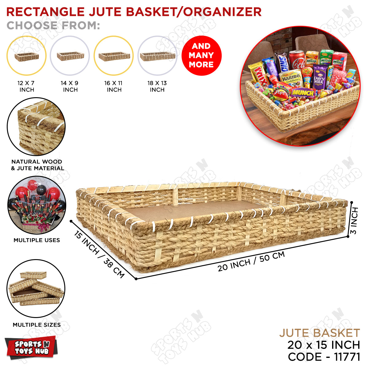 Jute Rope Knitted Rectangle Shape Wooden Basket Collection