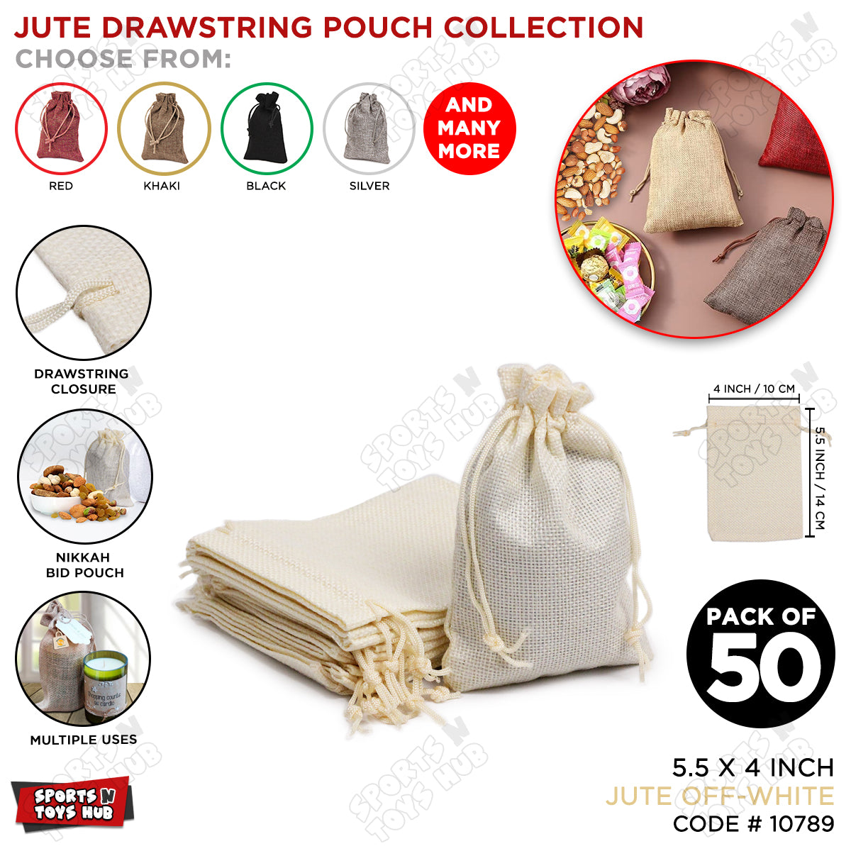 Jute Drawstring Pouches - Multi-purpose Pounch For Gift Packing, Nikkah Bid - Pack of 50
