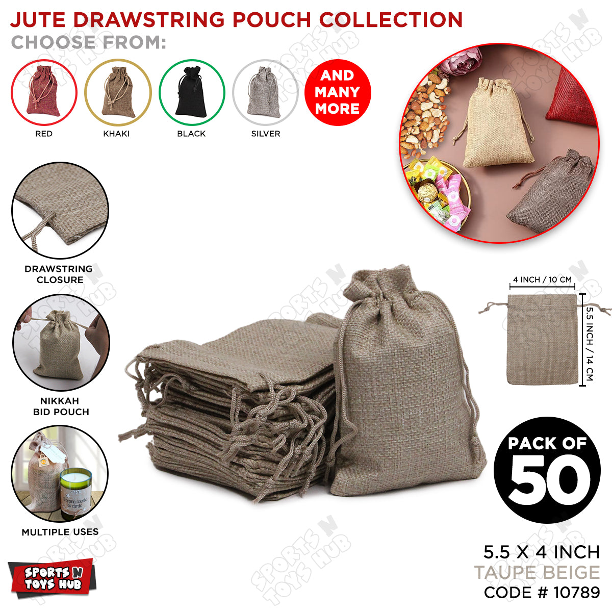 Jute Drawstring Pouches - Multi-purpose Pounch For Gift Packing, Nikkah Bid - Pack of 50