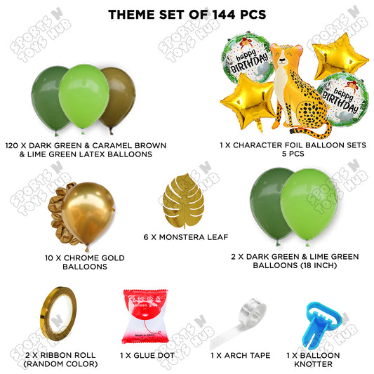 Jungle Safari Balloon Decoration Kit – 144 Pcs Green & Gold Leopard Face Theme Birthday Party Set with Balloon Arch Garland