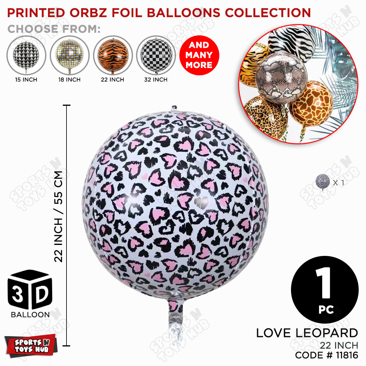22 Inch - 3D Shape Jungle Safari Snow Leopard Skin Pattern Orbz Foil Balloons