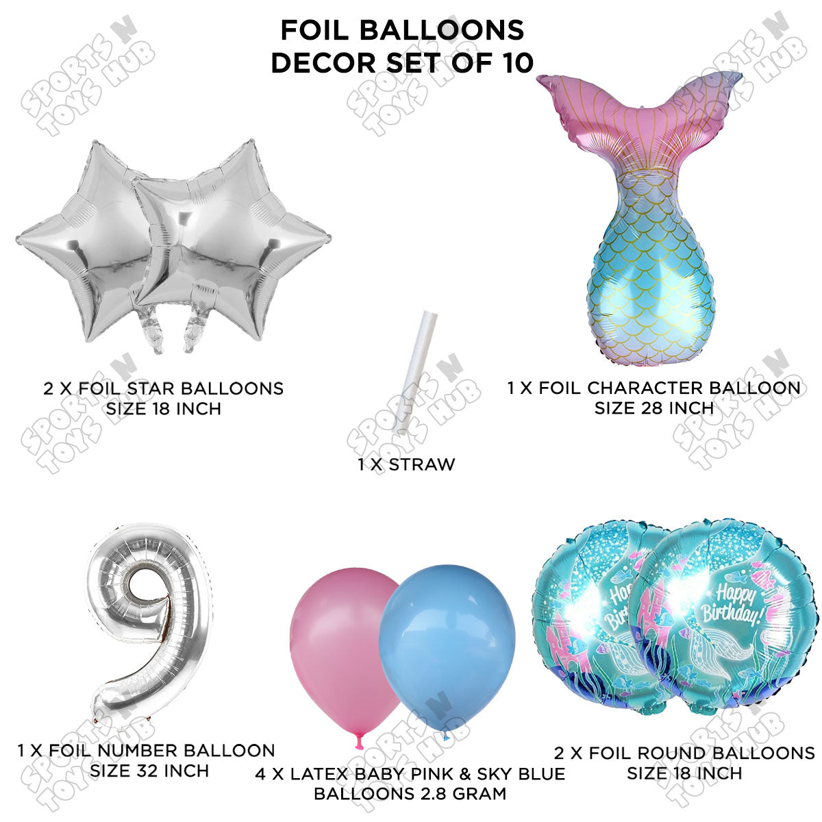 Mer-maid Tail Foil Balloon Pack Of 10 Set With 32 Inch Foil Number Balloons