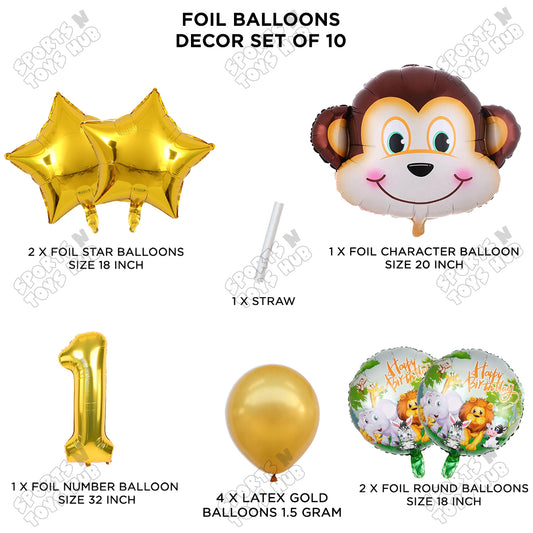 Jungle Safari Monkey Face Pack Of 10 Foil Balloon Set