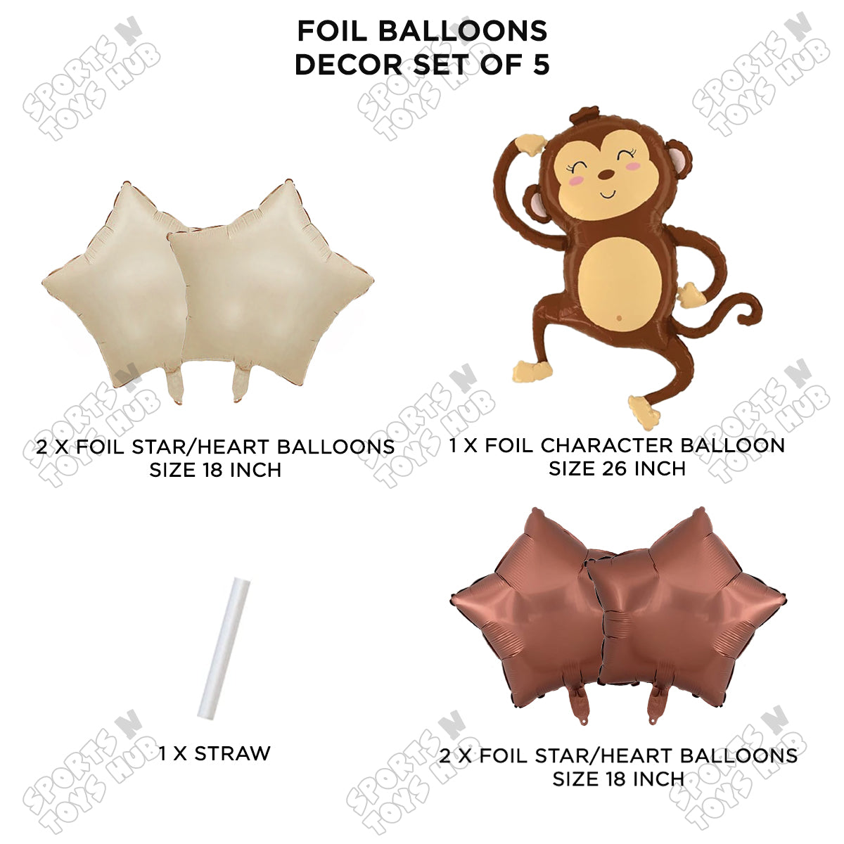 Jungle Safari Cute Monkey Pack Of 5 Foil Balloon Set