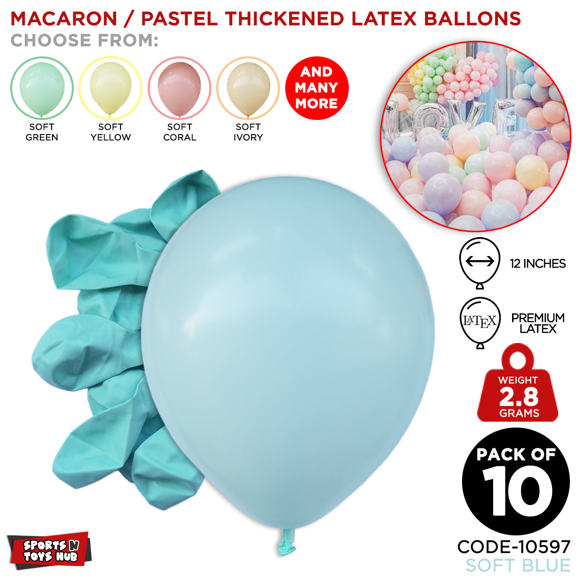 12 Inch 2.8 Gram Macaron / Pastel Latex Balloon - 10 Pcs