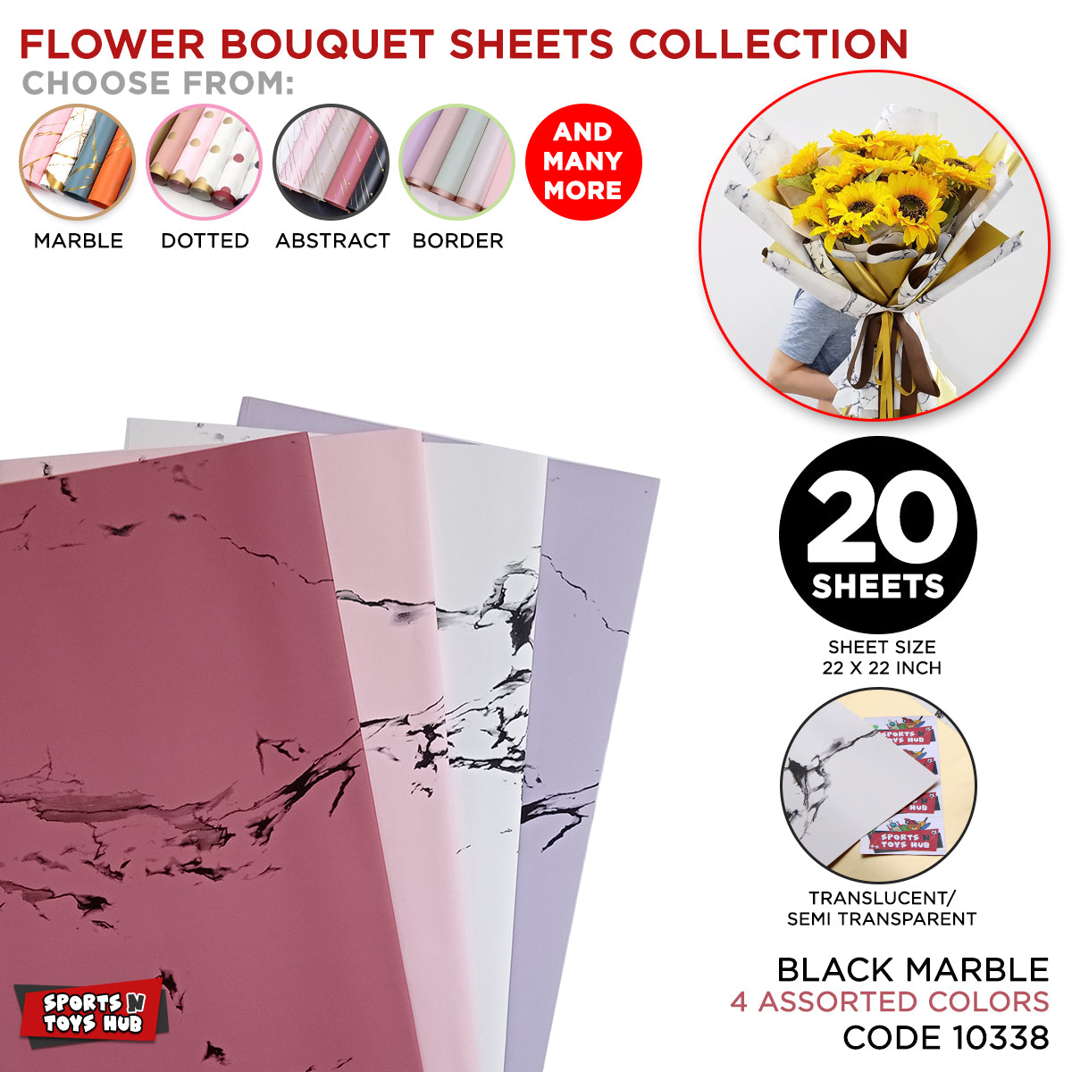 Black Veins Marble Pattern with Gold Back - Mix Color 20 Sheet Pack - Opaque Floral Wrapping Sheets