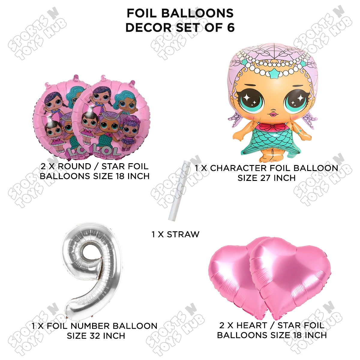 L.0.L Merbaby Foil Balloon Set With Number Collection - Pack Of 6