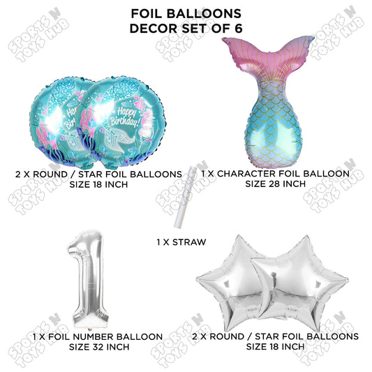 Mer-maid Tail Foil Balloon Pack Of 6 Set With 32 Inch Foil Number Balloons