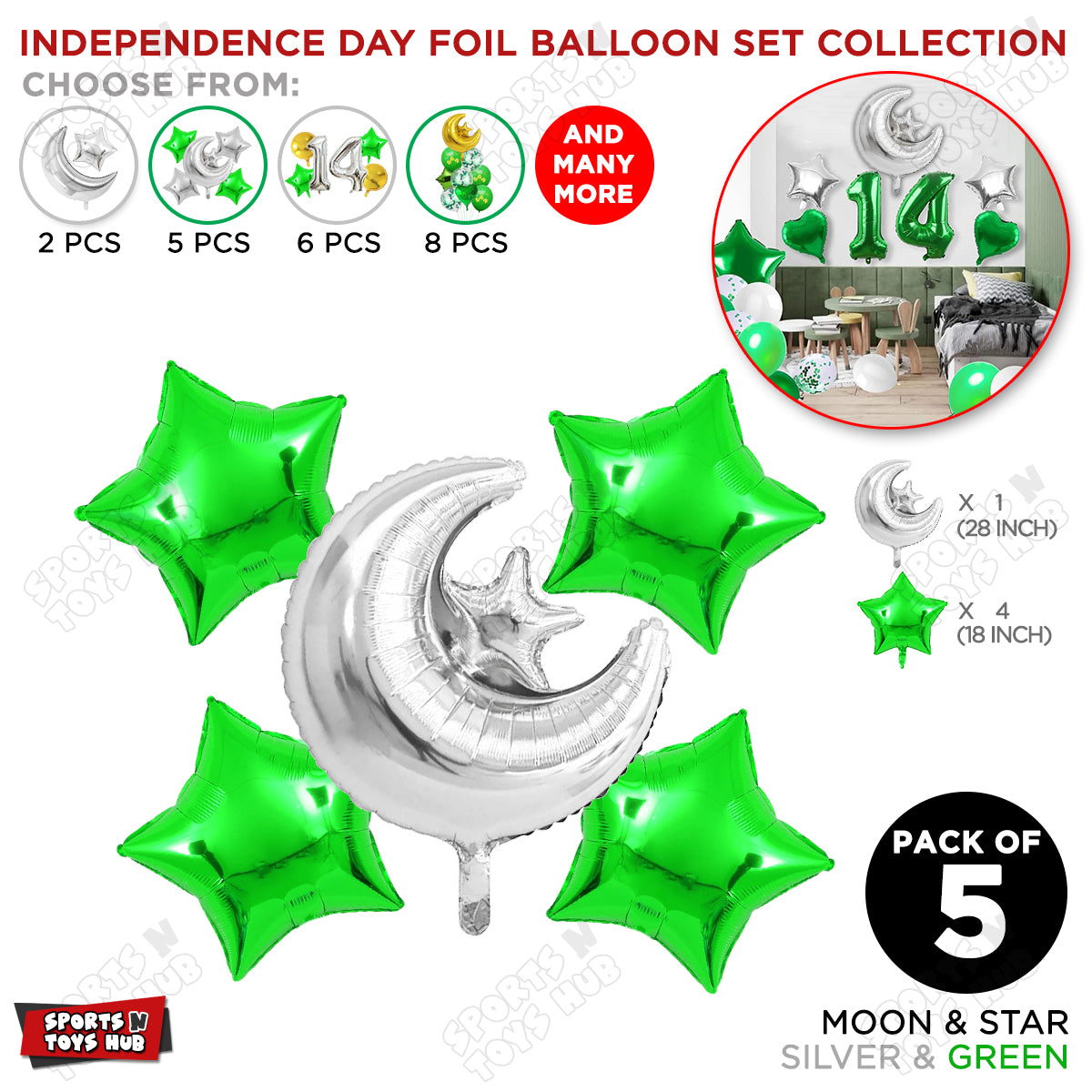 Independence Day Moon Star Foil Balloon Silver & Green Color Set