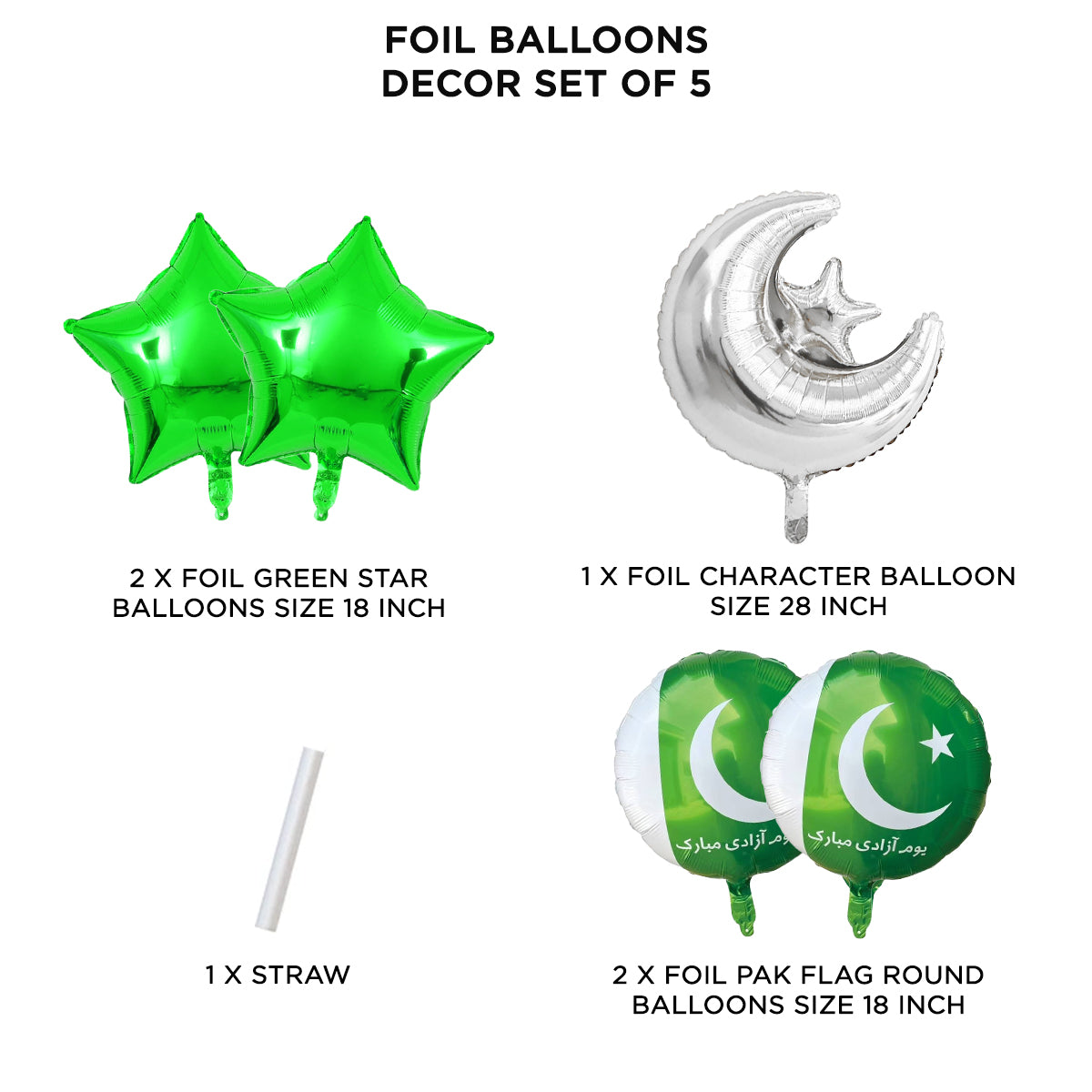 Moon & Star Pak Flag Round Foil Balloon Set Pack of 5 – Pakistan Independence Day Party Decorations