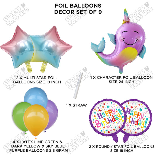 Narwhal Foil Balloon Decoration Set Pack of 9 – Premium Under the Sea Birthday Party Balloons for Girls, Baby Shower, Ocean Theme, Photo Booth & Event Decor