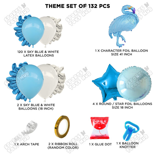 Sky Blue & White Color Latex Balloon With Flamingo Bird Cartoon Character Foil Set Arch Theme