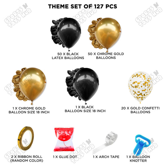 Black & Gold Balloon Arch Garland Kit โ 127 PCS Luxury Chrome Gold & Black Party Decoration Set with Confetti Balloons, Arch Tape, Ribbon & Knotter For Birthday, Wedding & Events