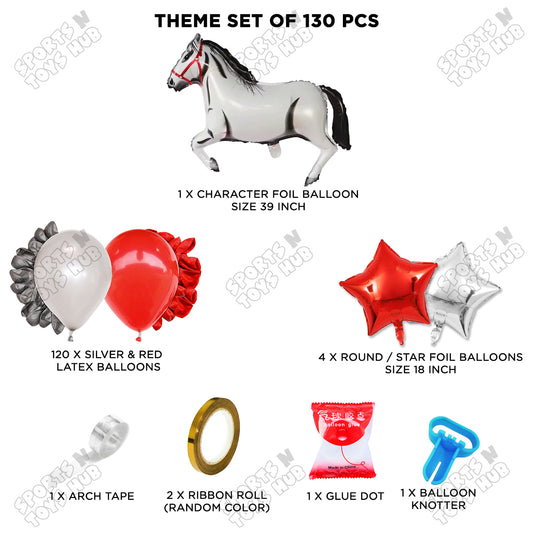 Red & Silver Balloon Arch Garland Kit with Horse Foil Balloon Set – 130 Pcs Birthday Party Decorations for Kids, Boys & Girls, DIY Balloon Arch Kit, Farm Animal Theme, Baby Shower & Party Supplies