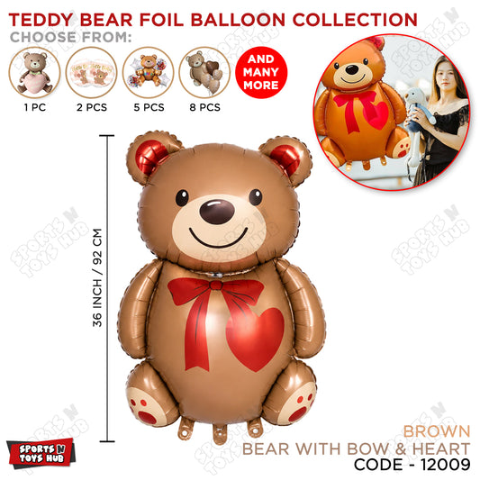 Teddy Bear Foil Balloon with Bow & Heart Print – Cute Bear Balloon | Valentine’s Day, Birthday, Baby Shower, Anniversary & Party Decoration