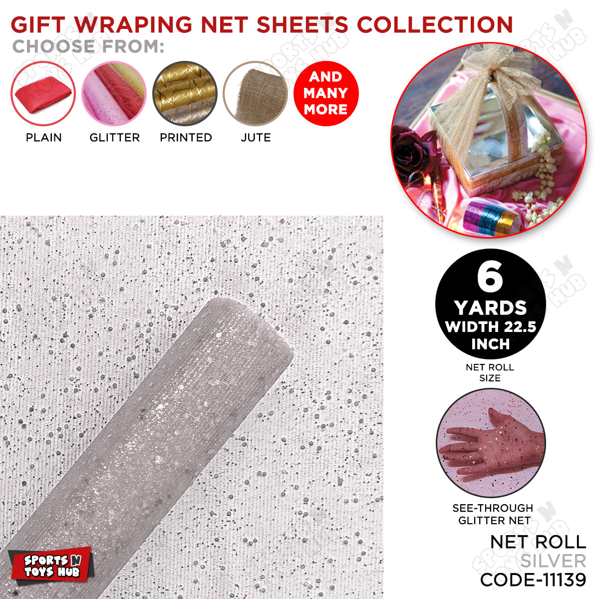 22.5 Inch / 6 Yard - Glitter Gift Wrapping Net Collection