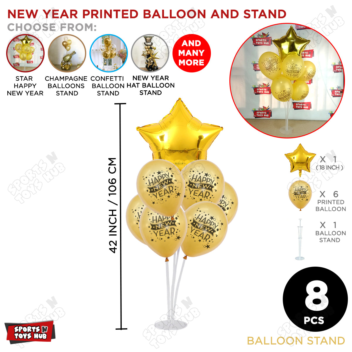 7 Stick Balloon Stand With Happy New Year Printed Balloons & Star Foil