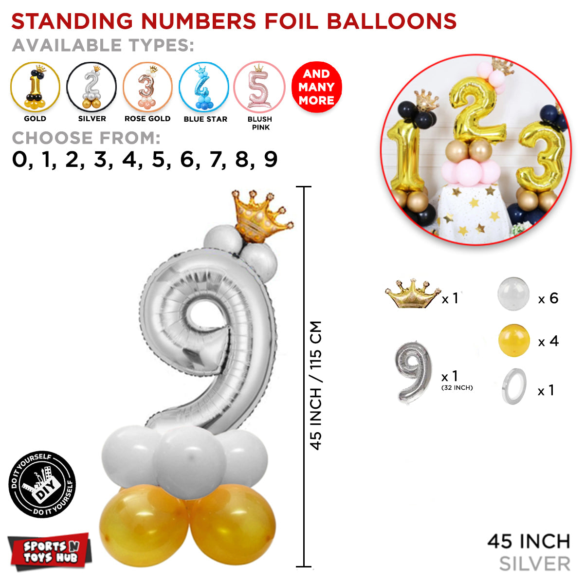 Silver Crown Number Foil Standing Balloon Collection
