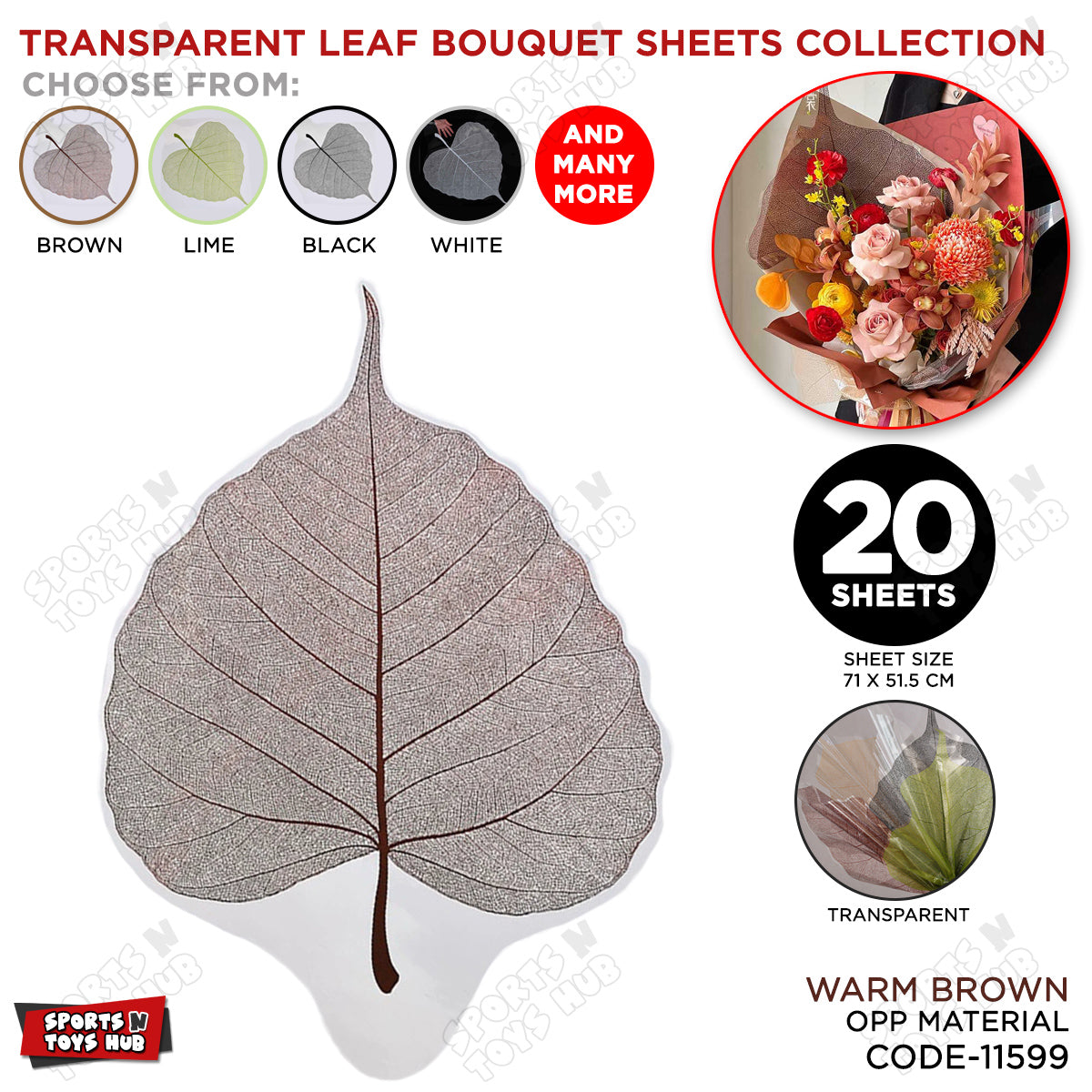 Leaf Shape Transparent OPP Material Bouquet Wrapping Sheets - Pack of 20