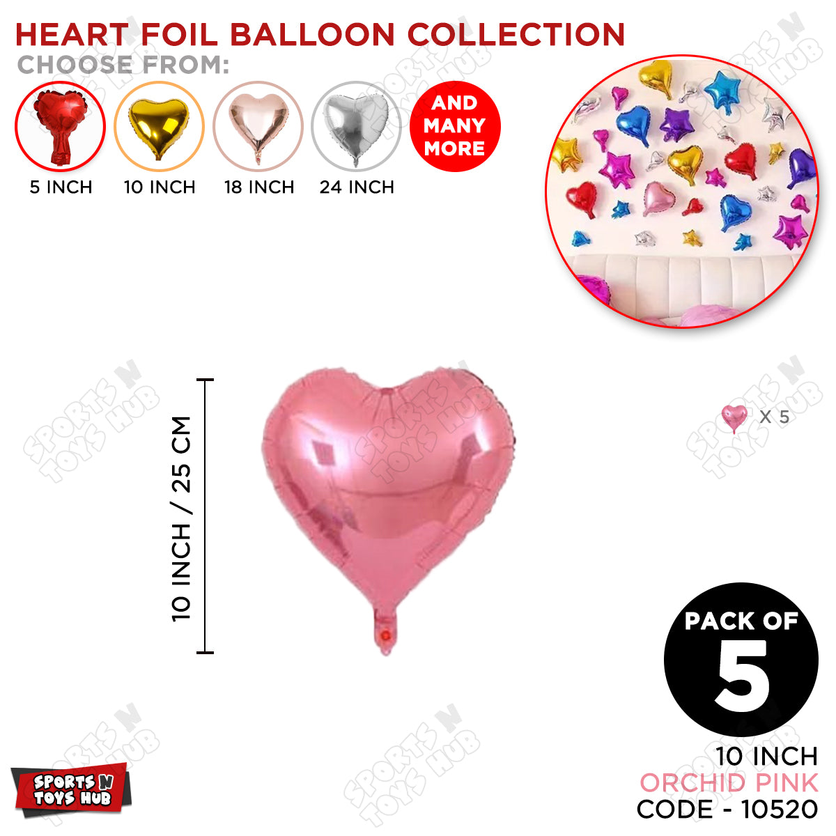 10 Inch - Heart Shape Foil Balloon Collection - Pack Of 5