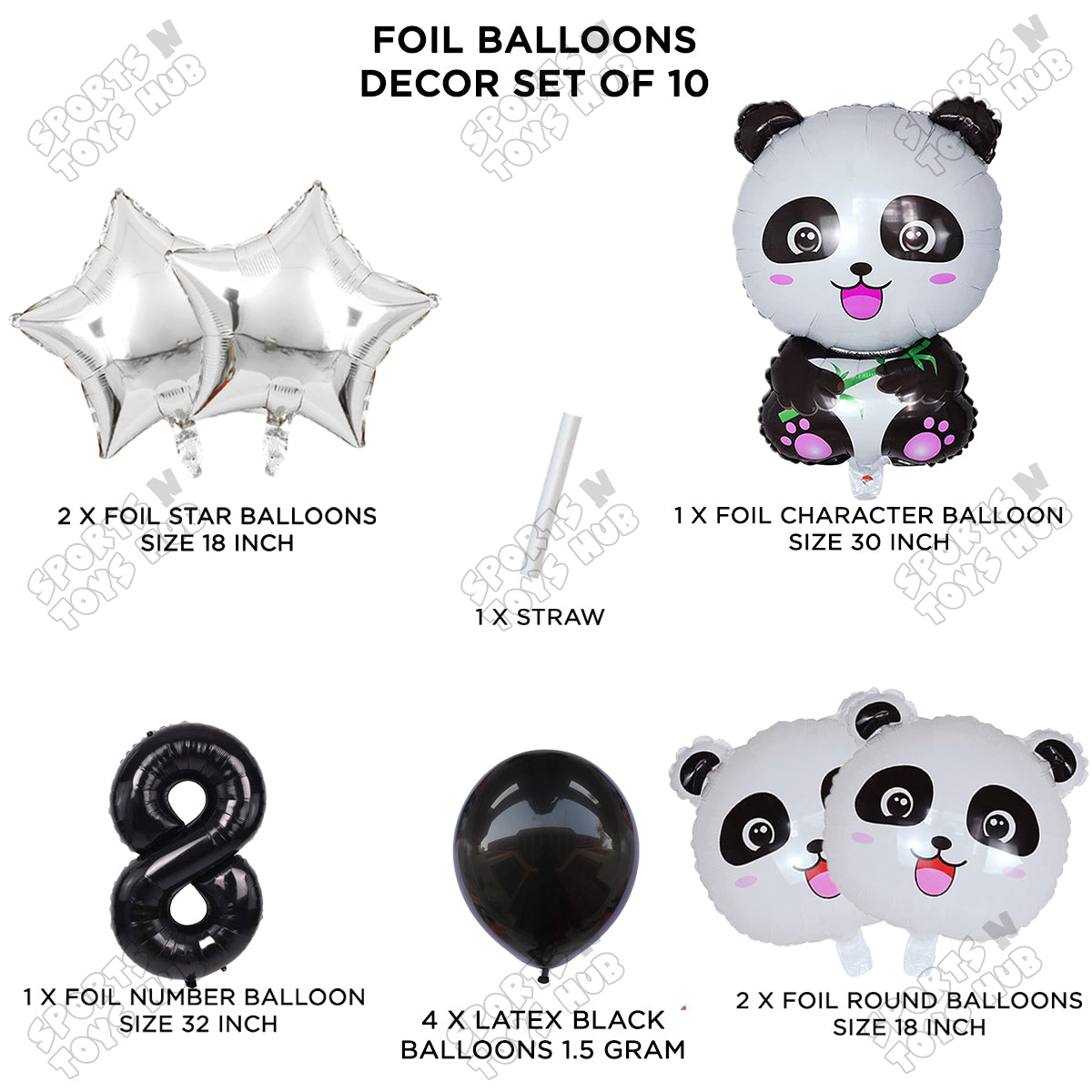 Jungle Safari Panda Pack Of 10 Foil Balloon Set