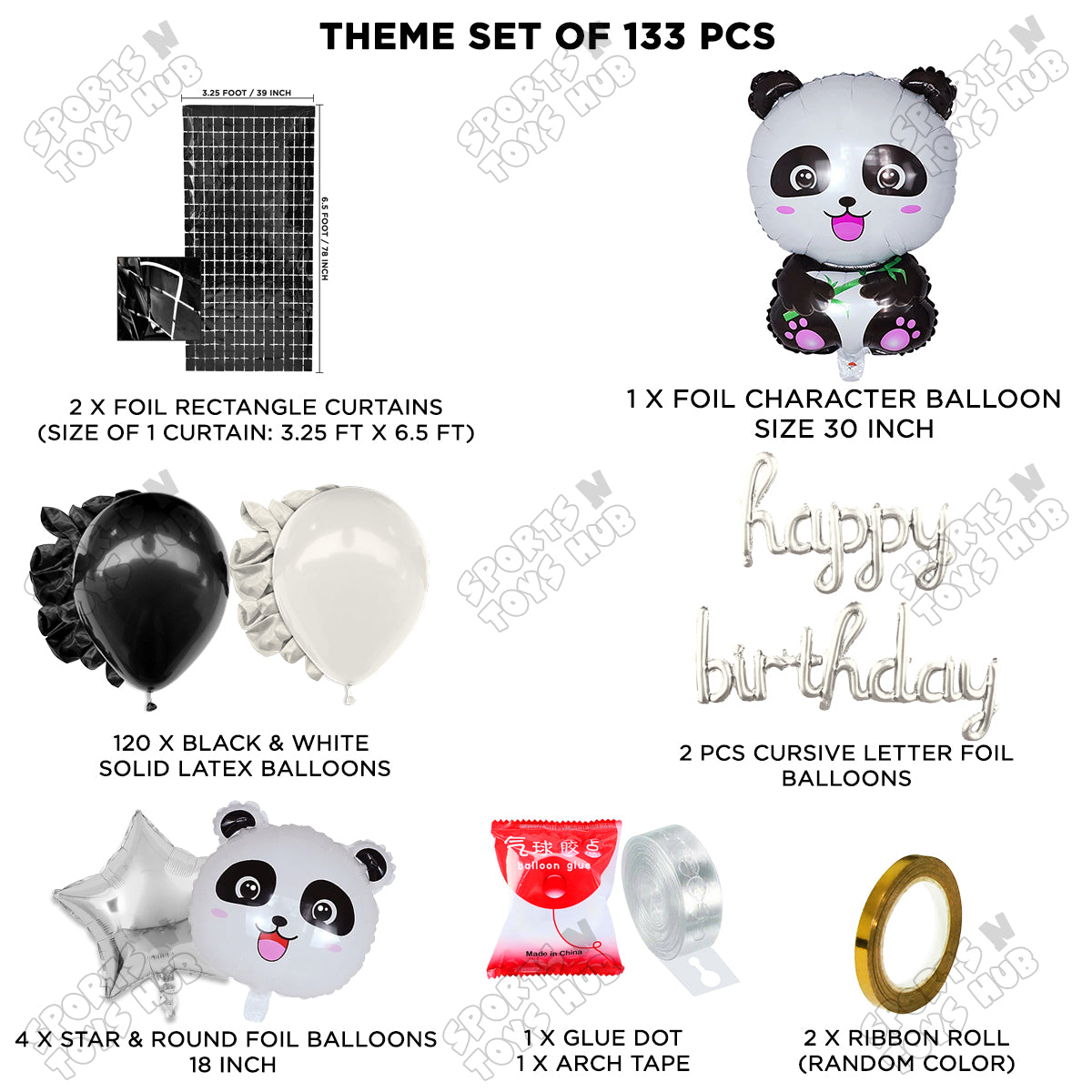 Panda Foil Balloon Set With Happy Birthday Cursive Foil Letter Arch Theme
