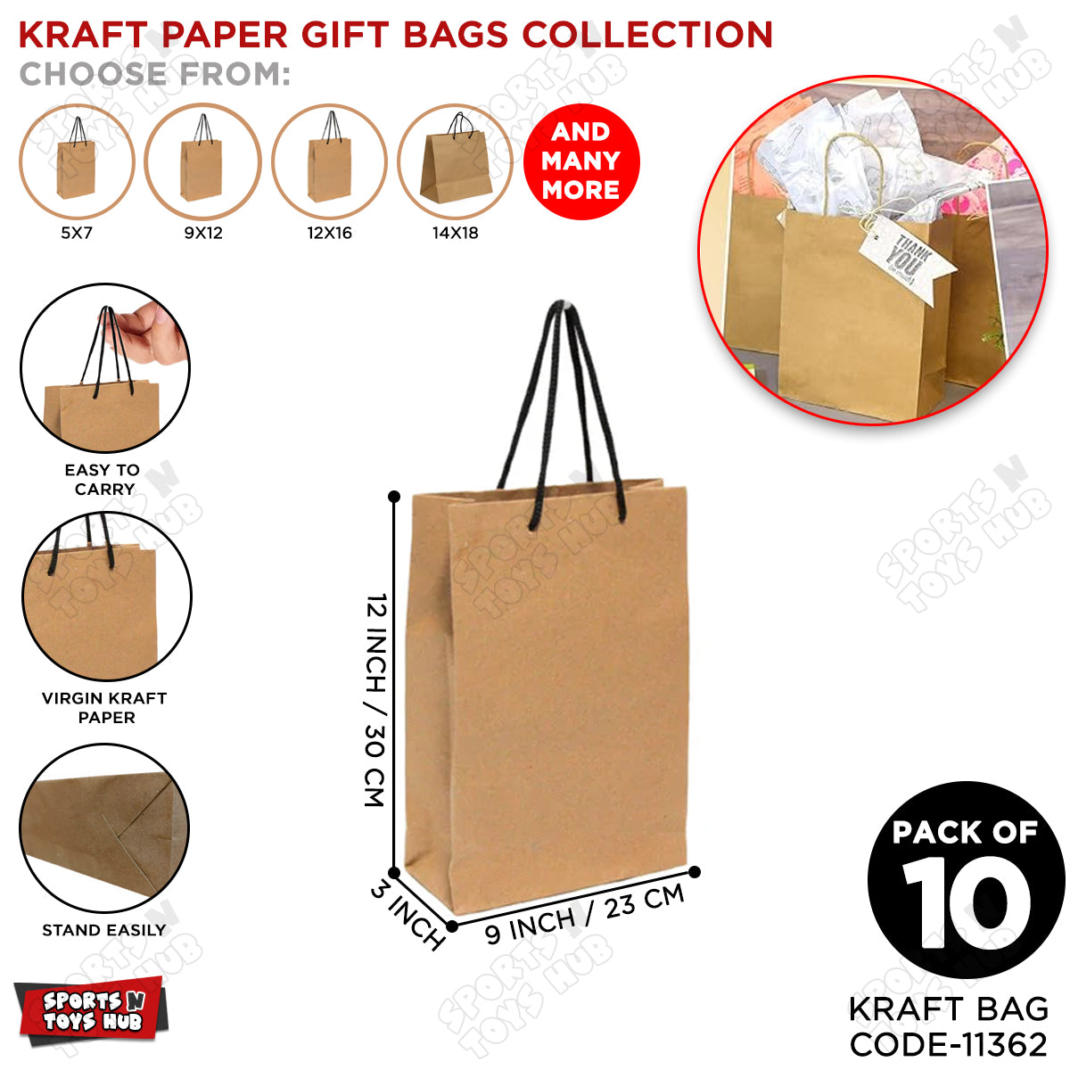 Kraft Paper Gift Bags 9x12x3 Inch - Pack of 10