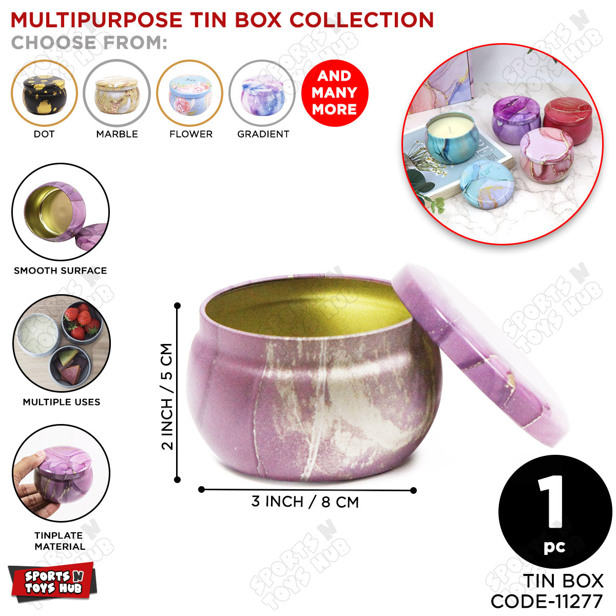Elegant Violet Marble Swirl Tin Box – Multipurpose Storage, Gift & Candle Making Container