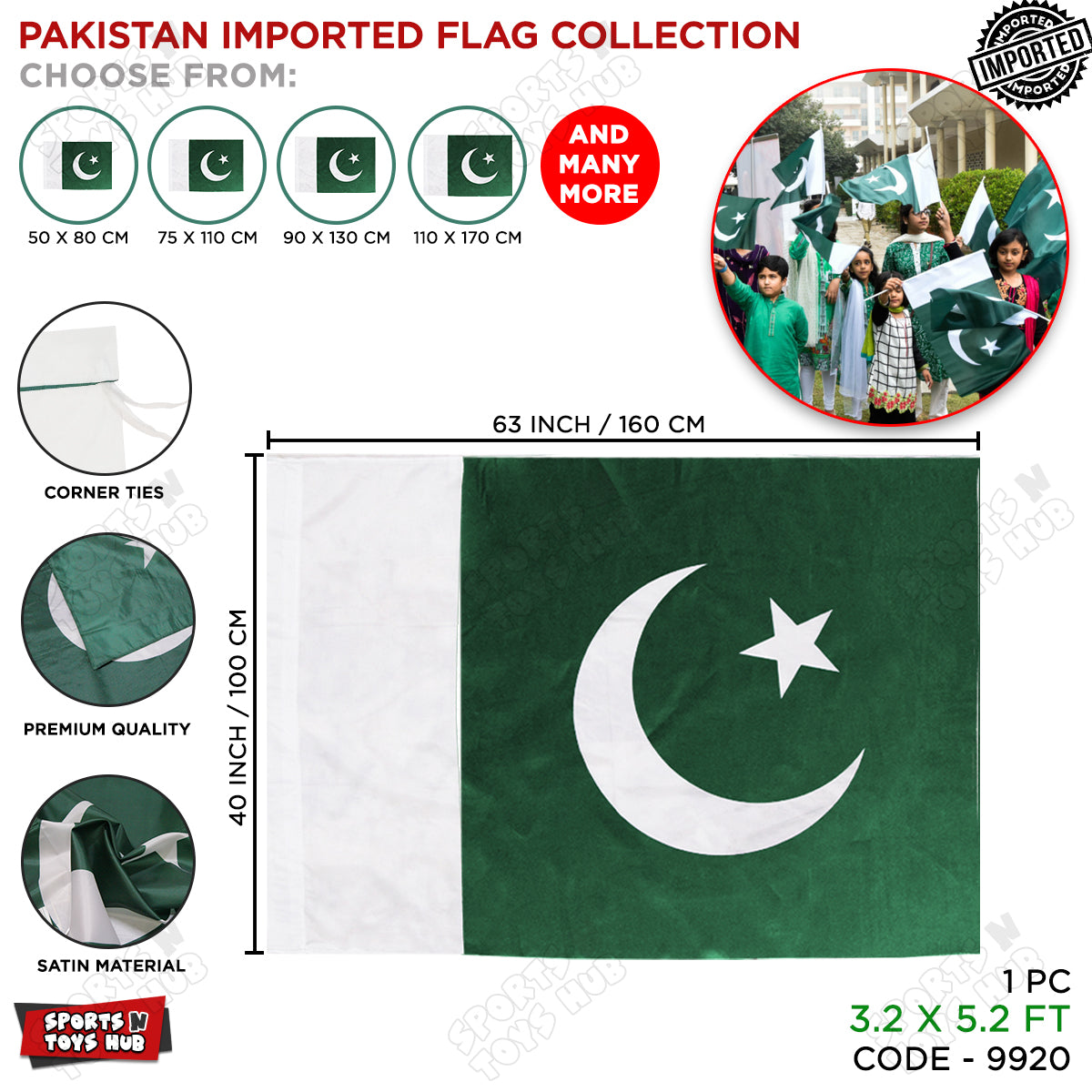 Imported Premium Pakistan Flag - 3.2 x 5.2 Feet (100 x 160 CM)